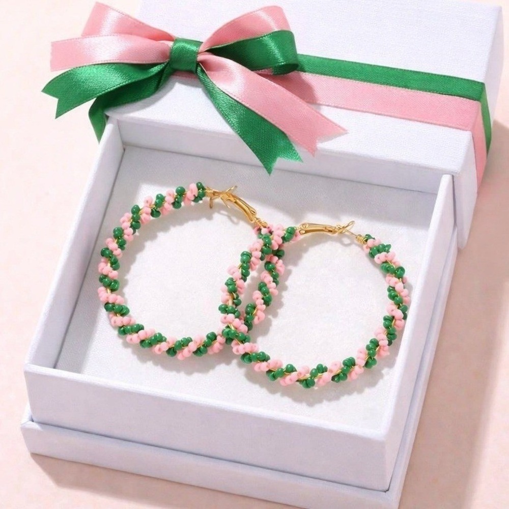 Pink and‎ Green Seed Bead Gold Tone Large Hoop Earrings Boho Latch Back